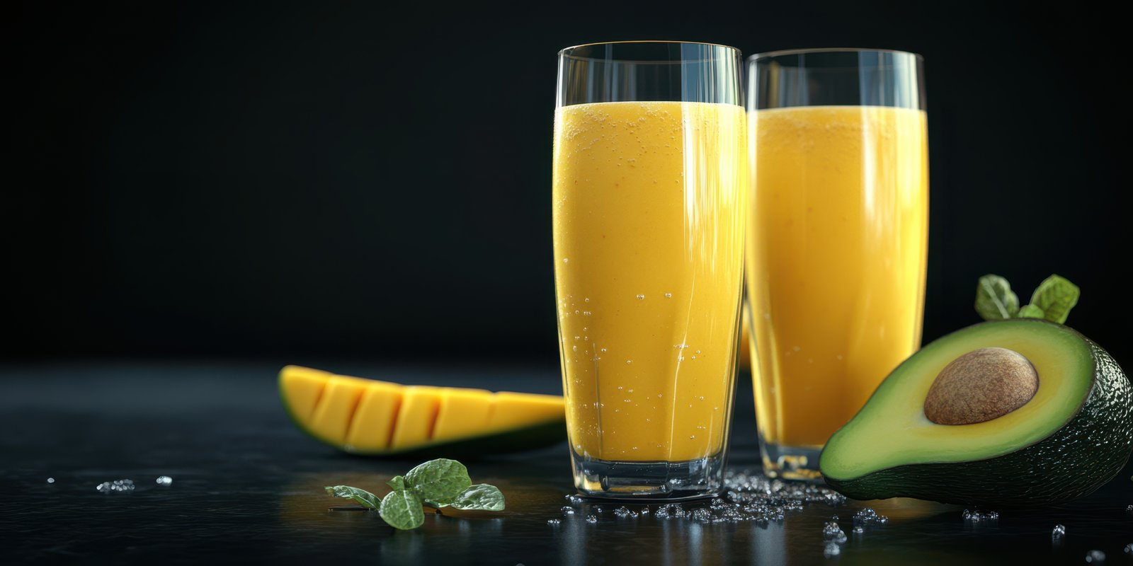 Refreshing mango avocado smoothie served in tall glasses on a dark background with mint garnish
